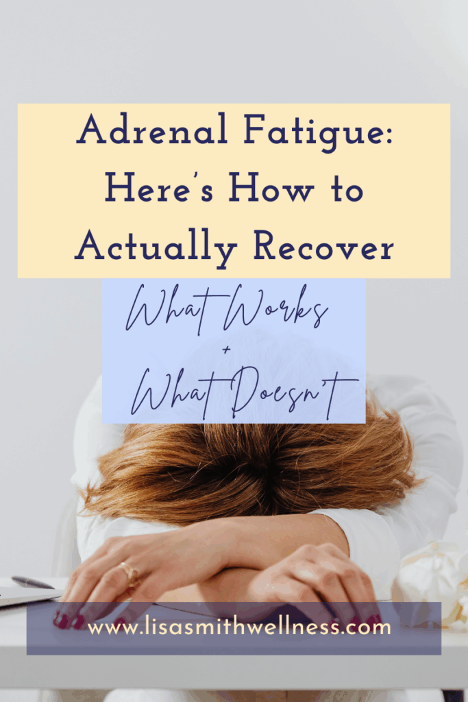 woman slouched on a desk exhausted with text overlay to depict adrenal fatigue and what to do about it