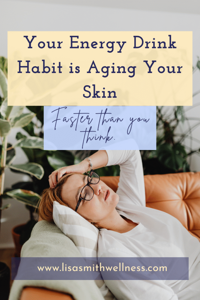 woman tired on a couch with text that says "your energy drink habit is aging your skin faster than you think" to illustrate caffeine harms and natural energy swaps